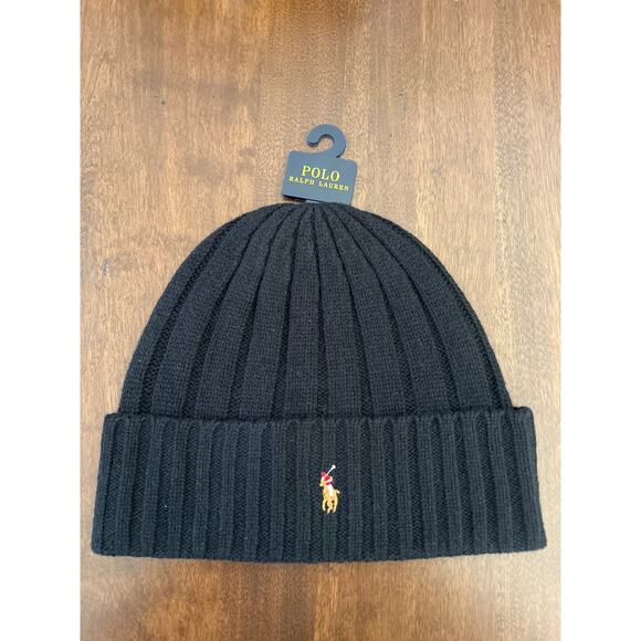 Polo Ralph Lauren Beanie Mens Black Flesh Pony Wool Blend Rib Knit Cuff NEW - Picture 1 of 2